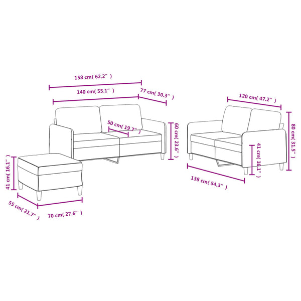 vidaXL 3-Piece Sofa Set Wine Red Velvet