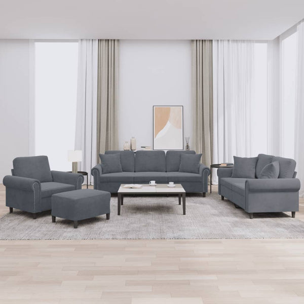 vidaXL 4-Piece Sofa Set with Cushions Dark Grey Velvet