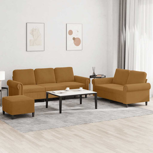 vidaXL 3-Piece Sofa Set with Cushions Brown Velvet