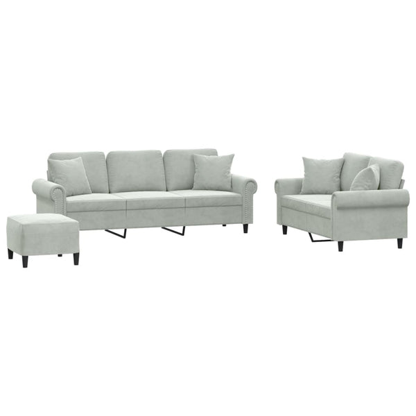 vidaXL 3-Piece Sofa Set with Cushions Light Grey Velvet