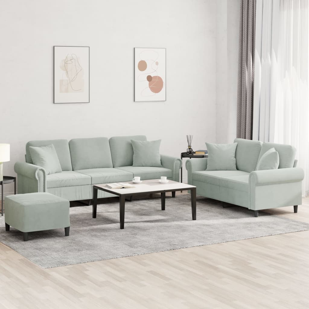 vidaXL 3-Piece Sofa Set with Cushions Light Grey Velvet