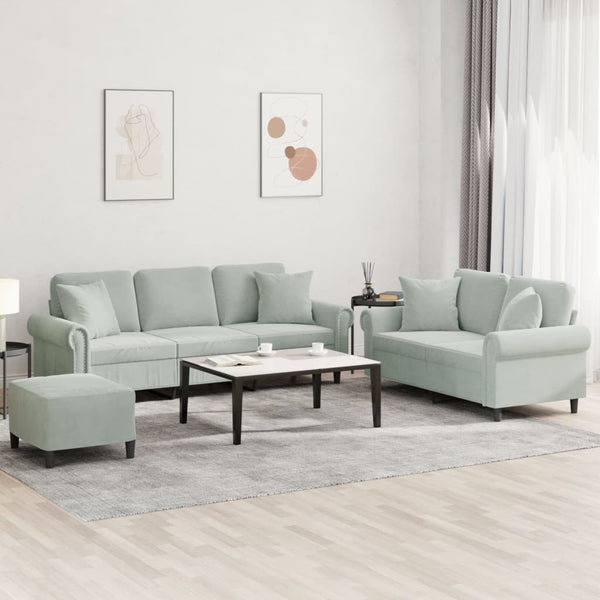 vidaXL 3-Piece Sofa Set with Cushions Light Grey Velvet