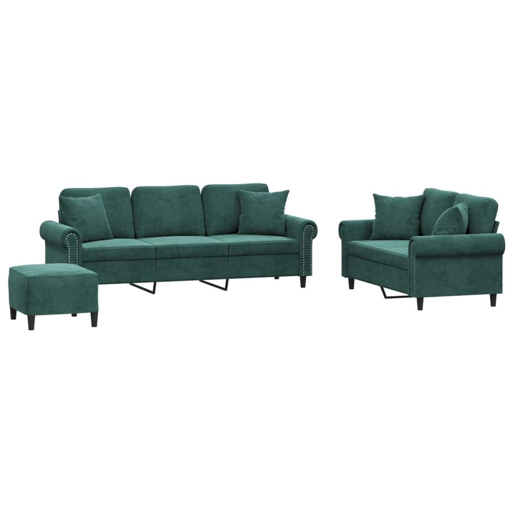 vidaXL 3-Piece Sofa Set with Cushions Dark Green Velvet