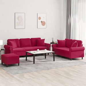vidaXL 3-Piece Sofa Set with Cushions Wine Red Velvet