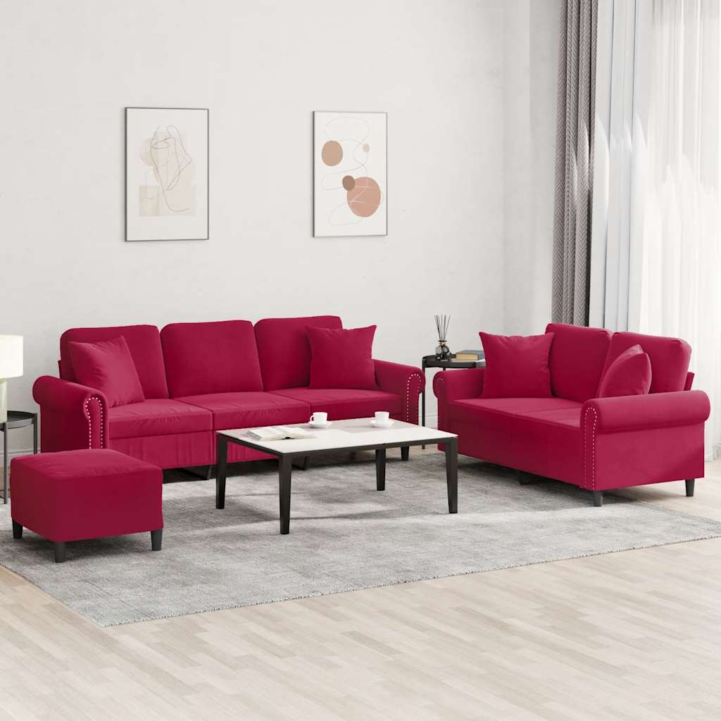 vidaXL 3-Piece Sofa Set with Cushions Wine Red Velvet