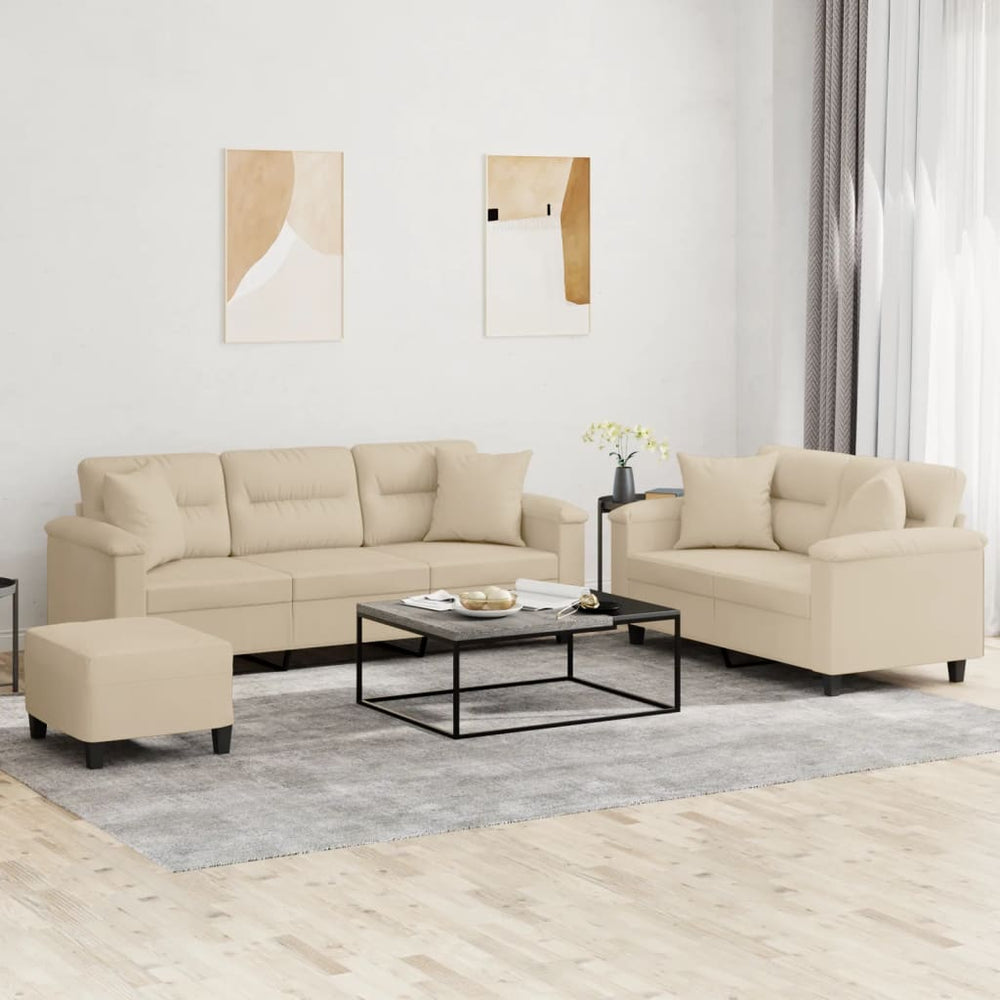 vidaXL 3-Piece Sofa Set with Cushions Cream Microfiber Fabric