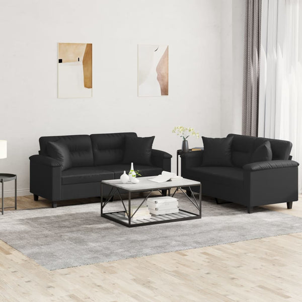 vidaXL 2-Seater Sofa Set with Cushions Black Artificial Leather