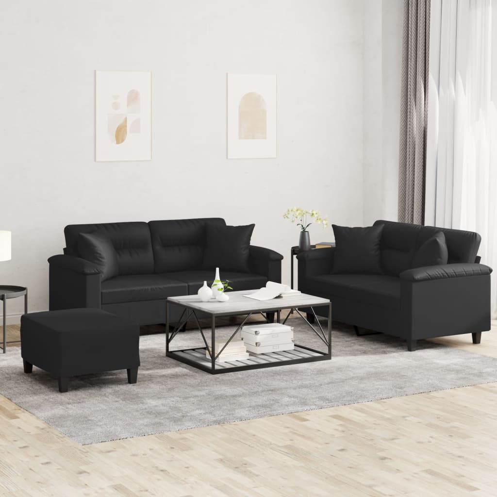 vidaXL 3-Piece Sofa Set with Cushions Black Artificial Leather