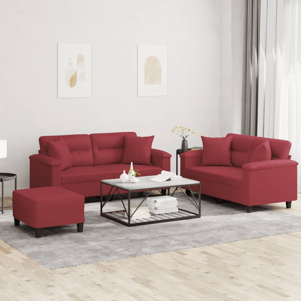 vidaXL 3-Piece Sofa Set with Cushions Wine Red Faux Leather