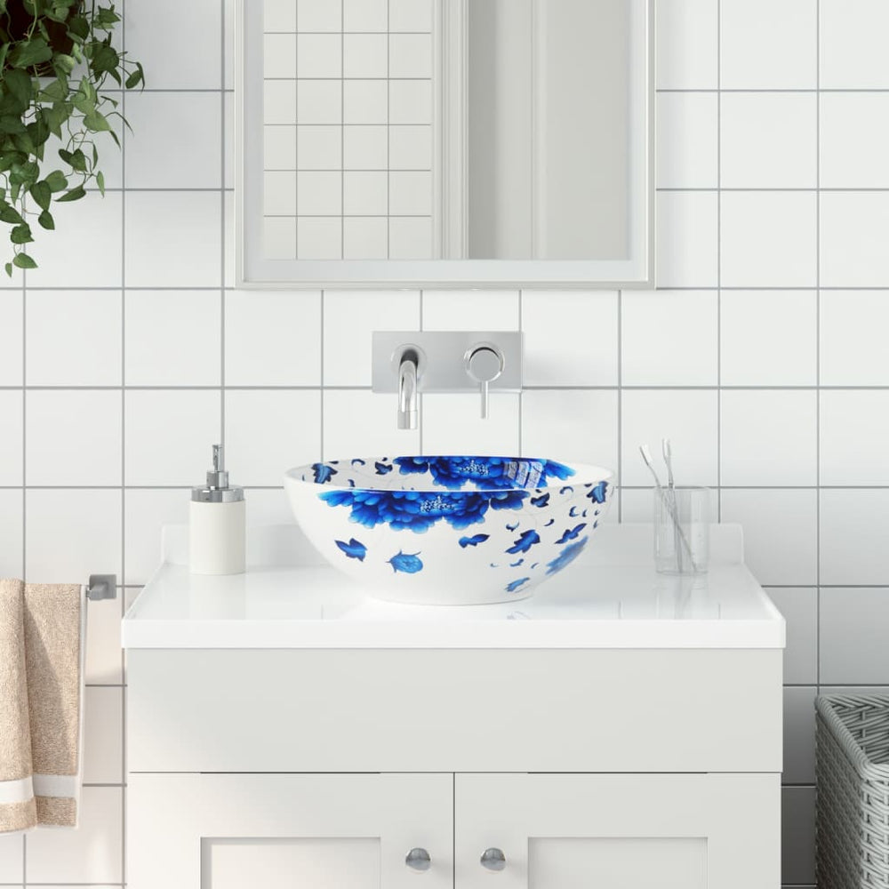 vidaXL Countertop Basin White and Blue Round Ø41x14 cm Ceramic