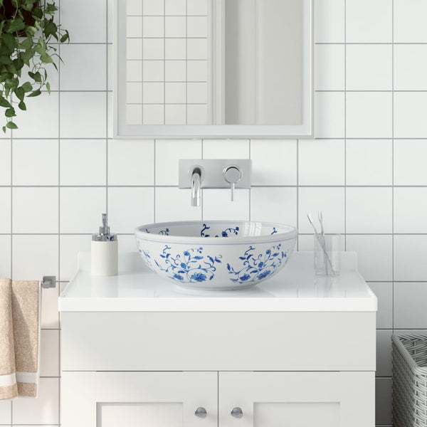 vidaXL Countertop Basin White and Blue Round Ø41x14 cm Ceramic