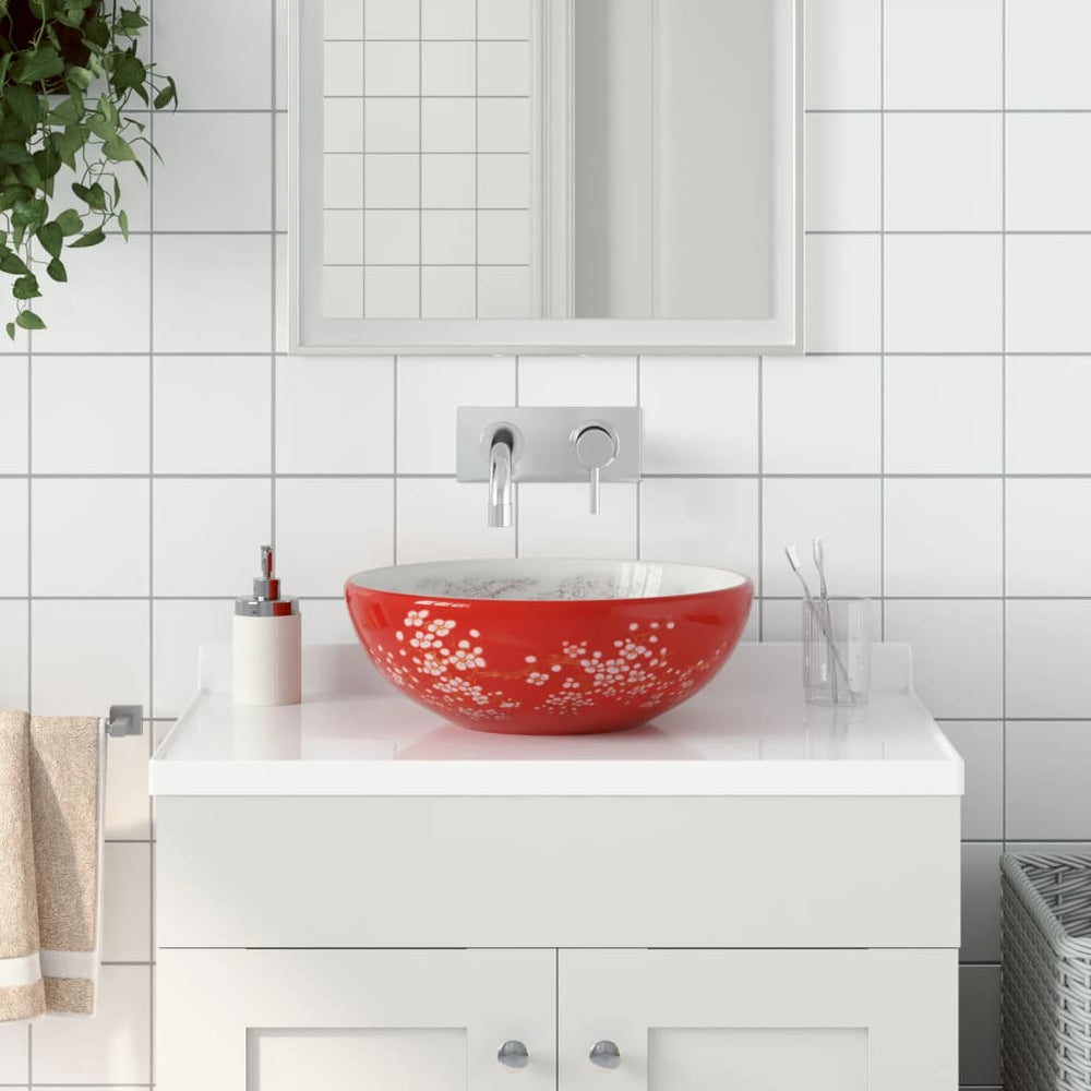 vidaXL Countertop Basin White and Red Round Ø41x14 cm Ceramic