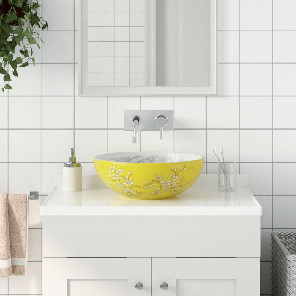 vidaXL Countertop Basin White and Yellow Round Ø41x14 cm Ceramic