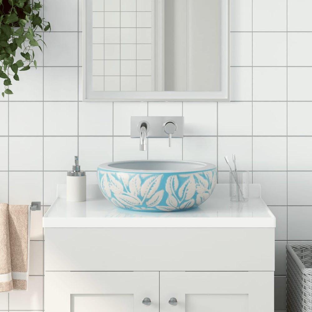vidaXL Countertop Basin White and Blue Round Ø41x14 cm Ceramic