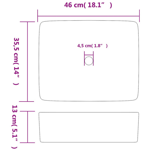 vidaXL Countertop Basin White Rectangular 46x35.5x13cm Ceramic
