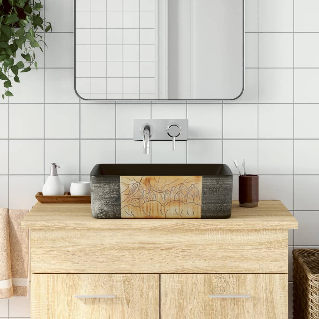 vidaXL Countertop Basin Black Brown Rectangular 46x35.5x13cm Ceramic
