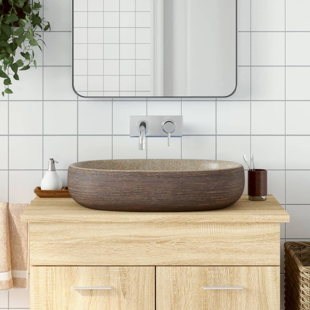 vidaXL Countertop Basin Sand Brown Oval 59x40x14 cm Ceramic