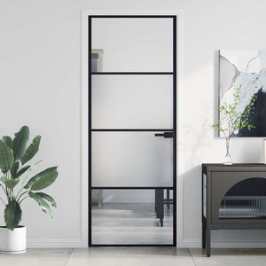 vidaXL Slim Black Indoor Door 76x201.5 cm Tempered Glass and Aluminum