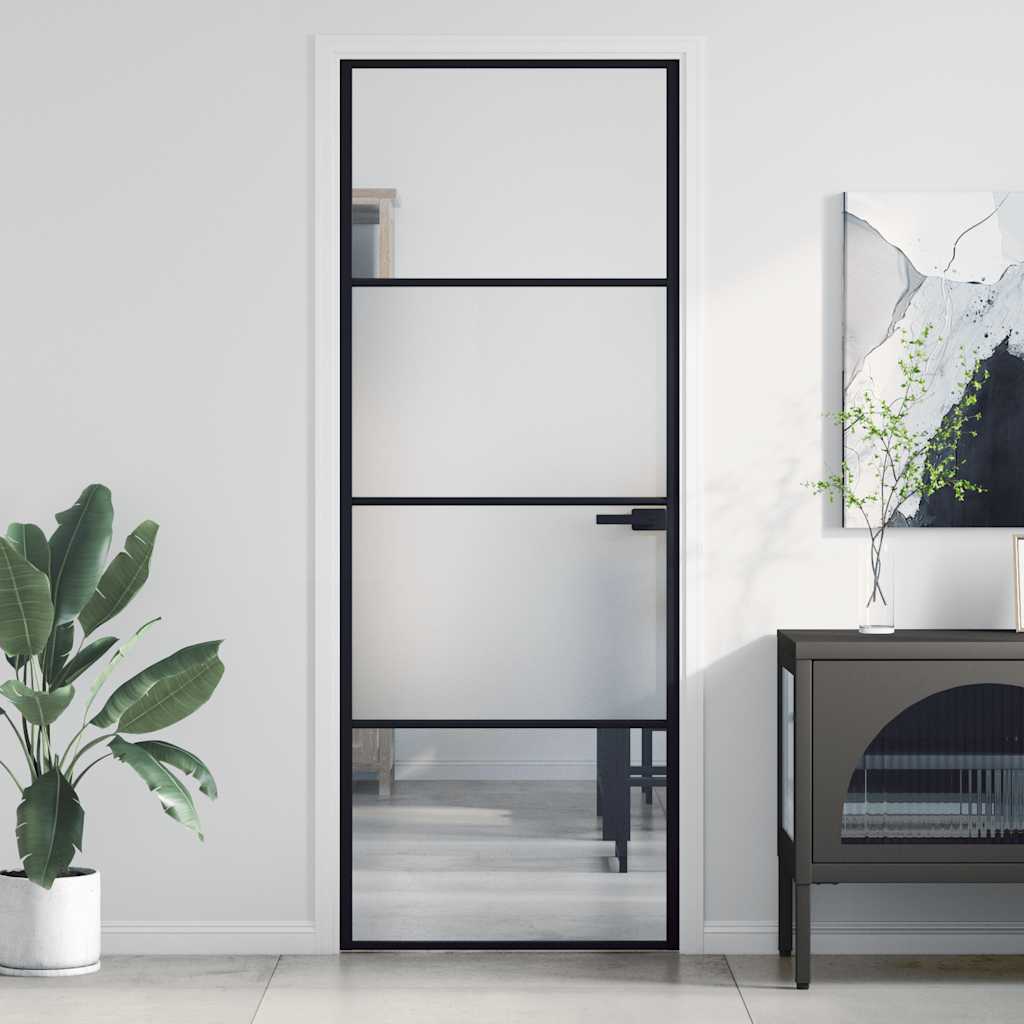 vidaXL Slim Black Indoor Door 76x201.5 cm Tempered Glass and Aluminum