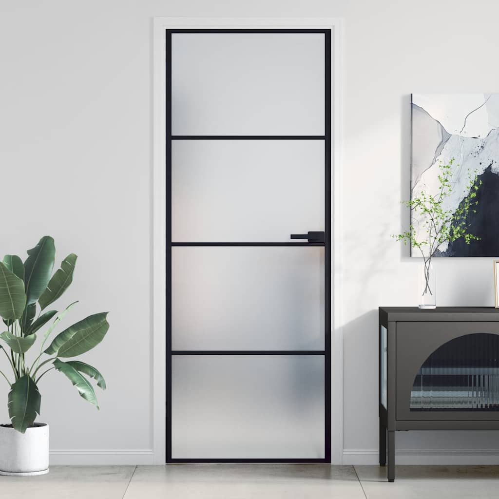 vidaXL Slim Black Indoor Door 76x201.5 cm Tempered Glass and Aluminum