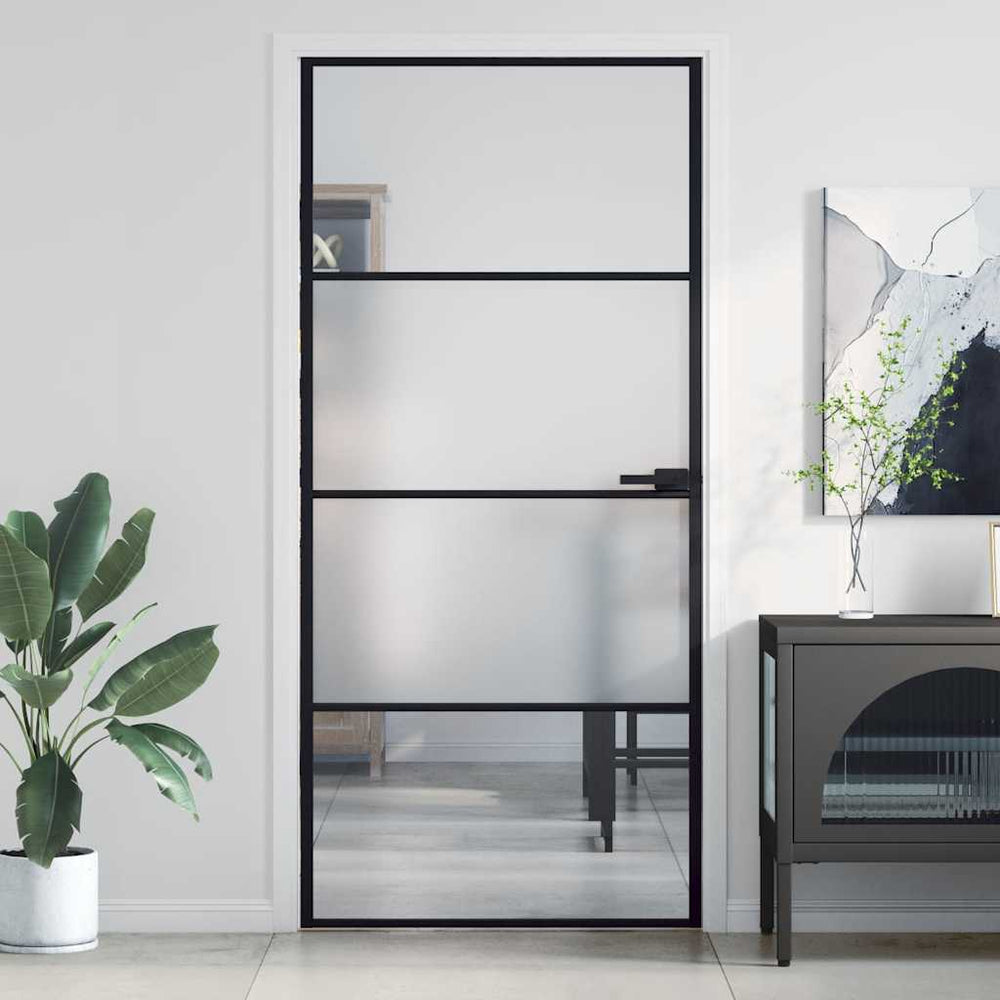 vidaXL Slim Black Interior Door 93x201.5 cm Tempered Glass & Aluminum