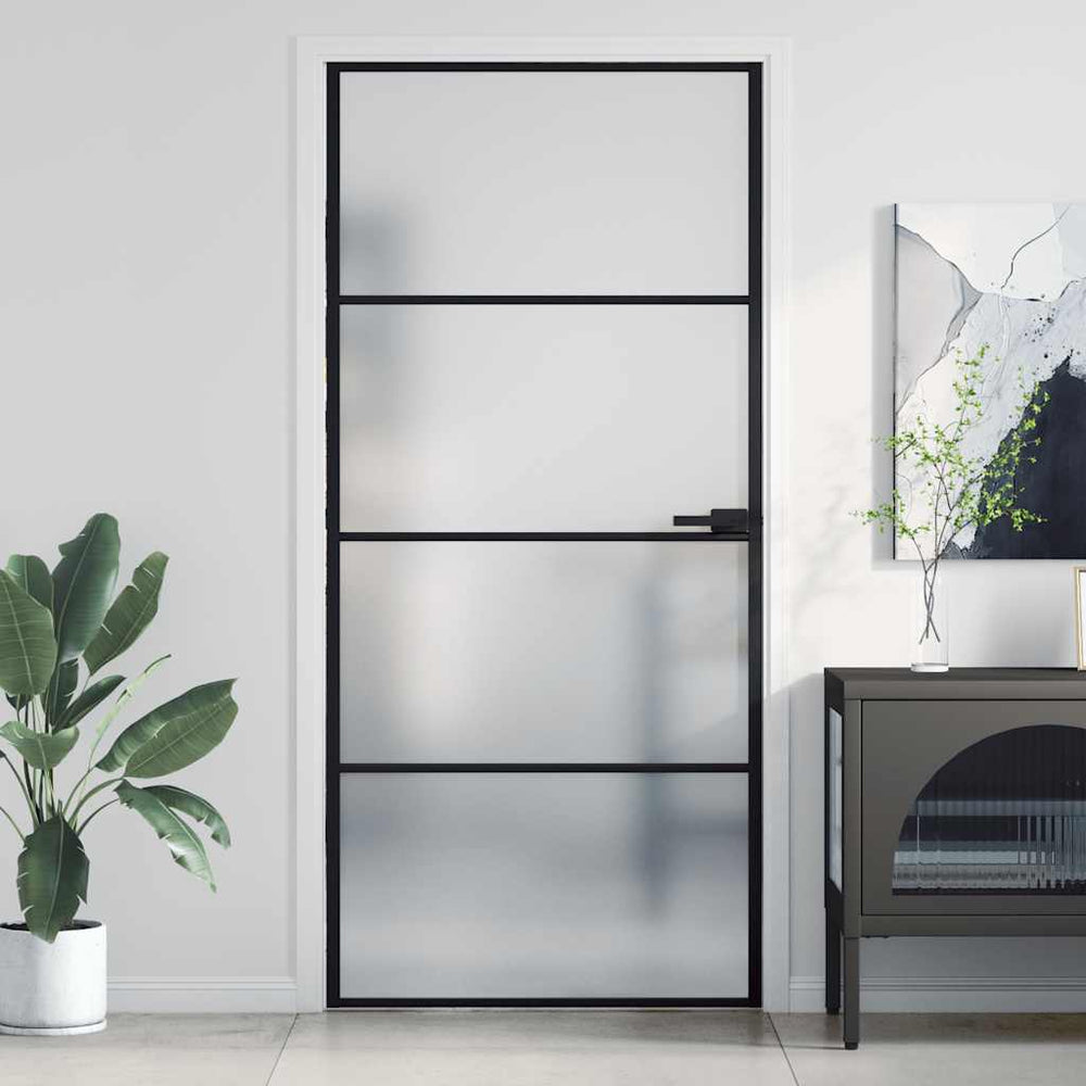 vidaXL Slim Black Interior Door 93x201.5 cm Tempered Glass & Aluminum