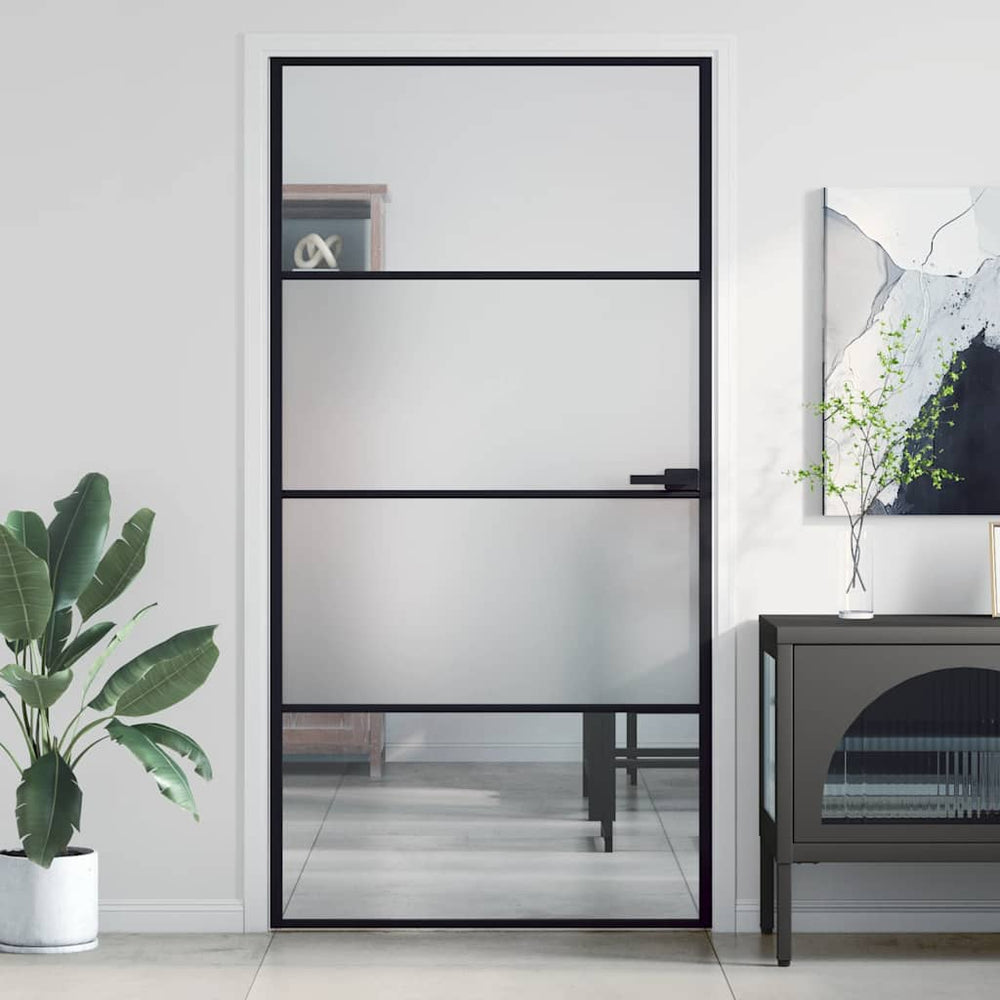 vidaXL Slim Black Indoor Door 102.5x201.5 cm Tempered Glass & Aluminum