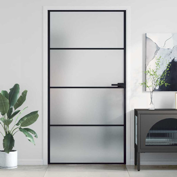 vidaXL Slim Black Indoor Door 102.5x201.5 cm Tempered Glass & Aluminum