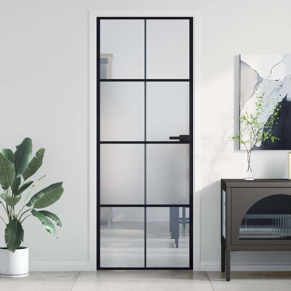 vidaXL Slim Black Indoor Door 76x201.5 cm Tempered Glass and Aluminum