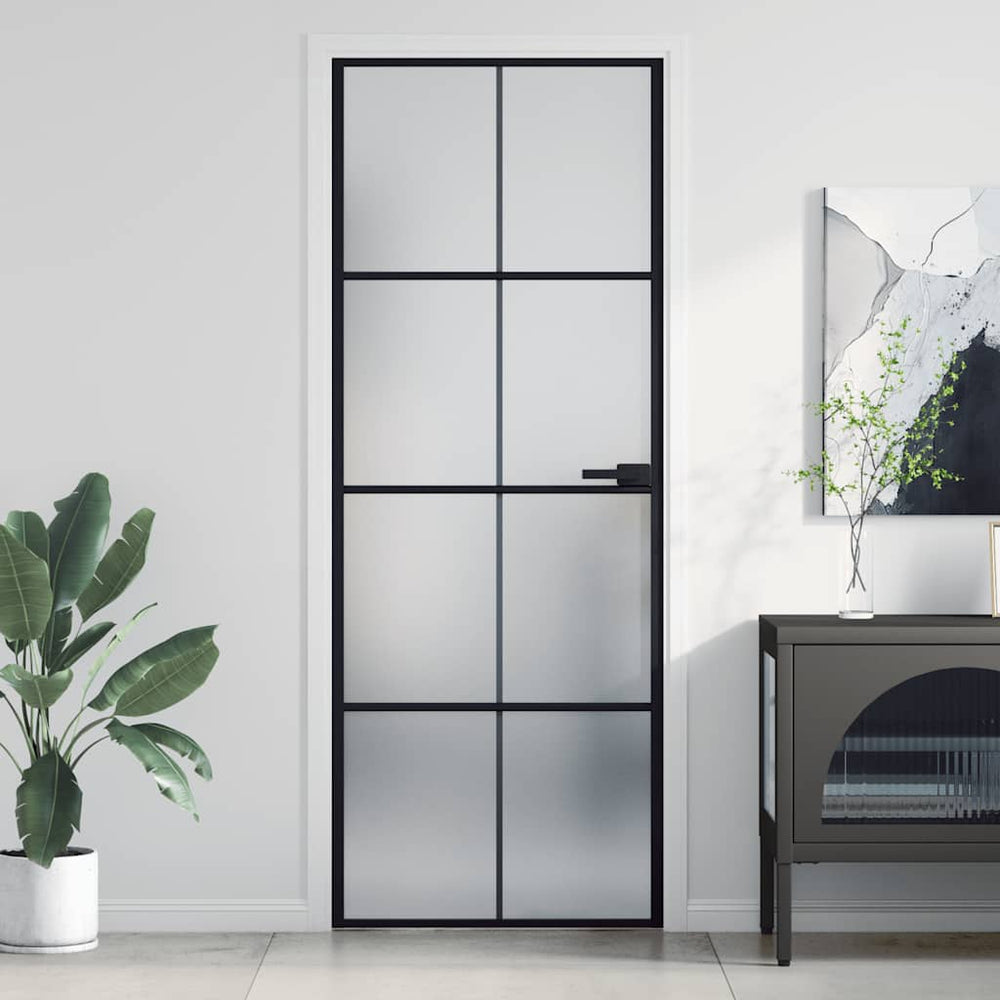 vidaXL Slim Black Indoor Door 76x201.5 cm Tempered Glass and Aluminum