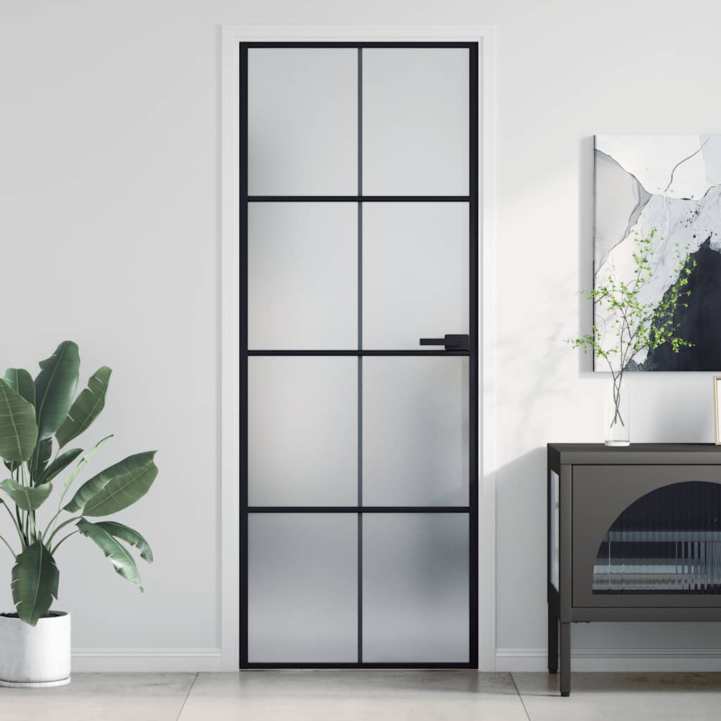 vidaXL Slim Black Indoor Door 76x201.5 cm Tempered Glass and Aluminum