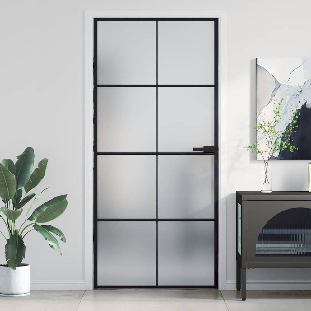 vidaXL Slim Black Interior Door 93x201.5 cm Tempered Glass & Aluminum