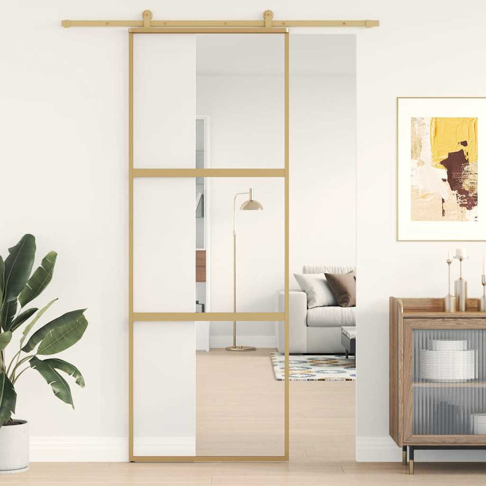 vidaXL Sliding Door Golden 76x205 cm Tempered Clear Glass and Aluminum