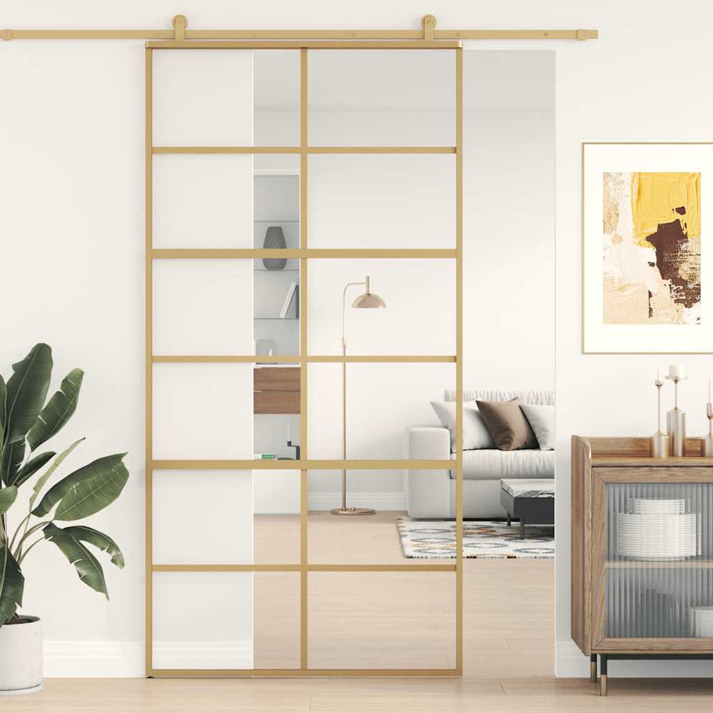 vidaXL Sliding Door Golden 102.5x205 cm ESG Clear Glass and Aluminum