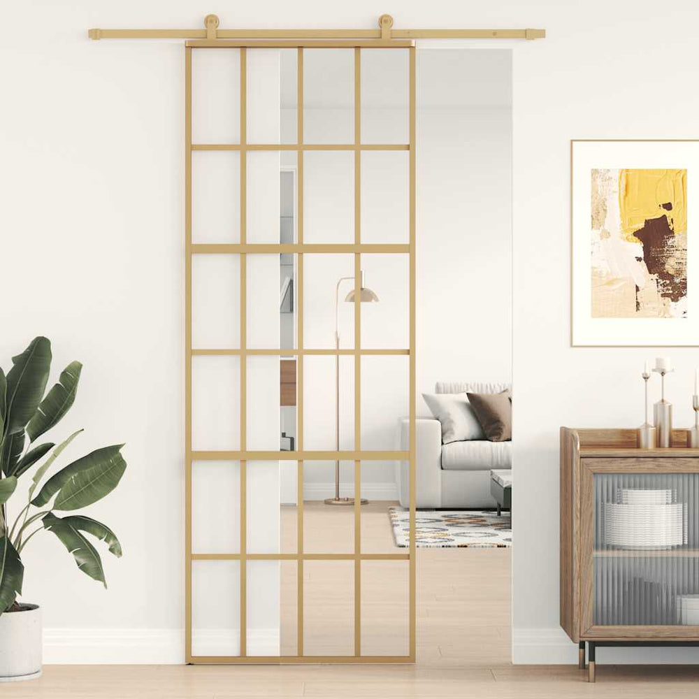 vidaXL Sliding Door Golden 76x205 cm Tempered Clear Glass and Aluminum
