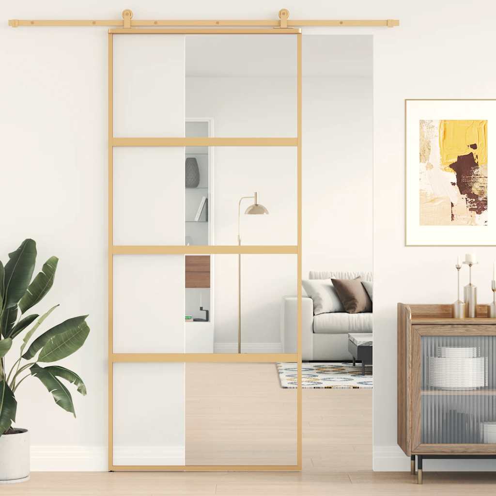 vidaXL Sliding Door Golden 90x205 cm ESG Clear Glass and Aluminium