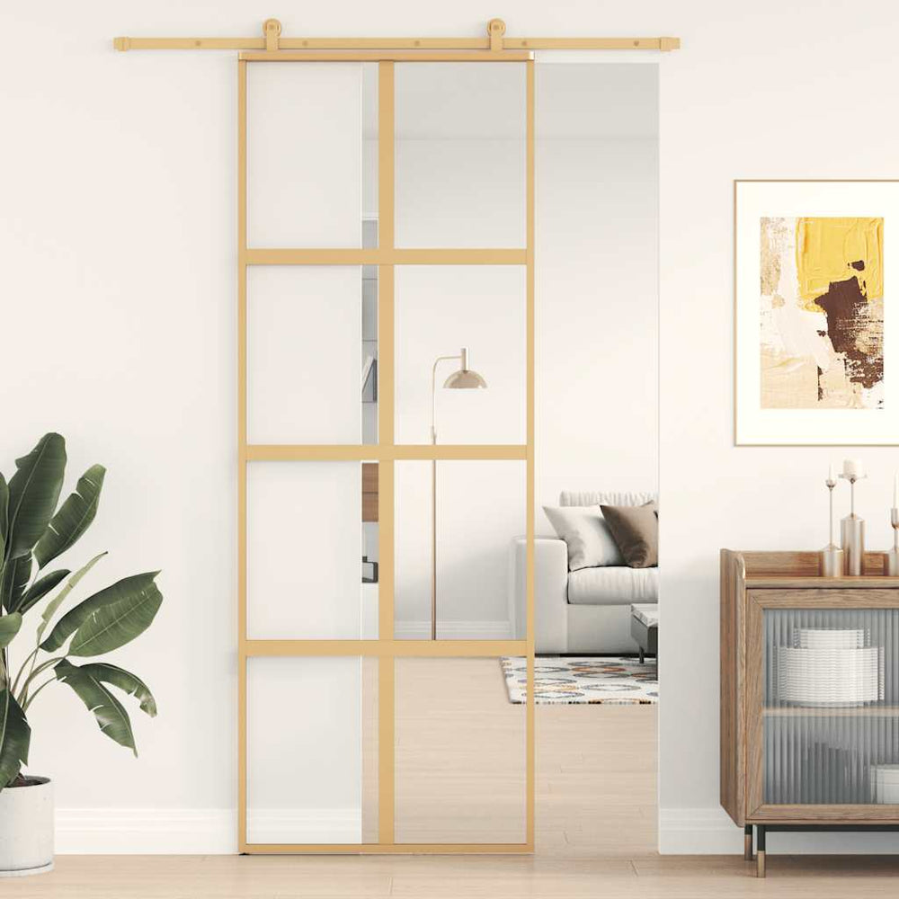 vidaXL Sliding Door Golden 76x205 cm Tempered Clear Glass and Aluminum