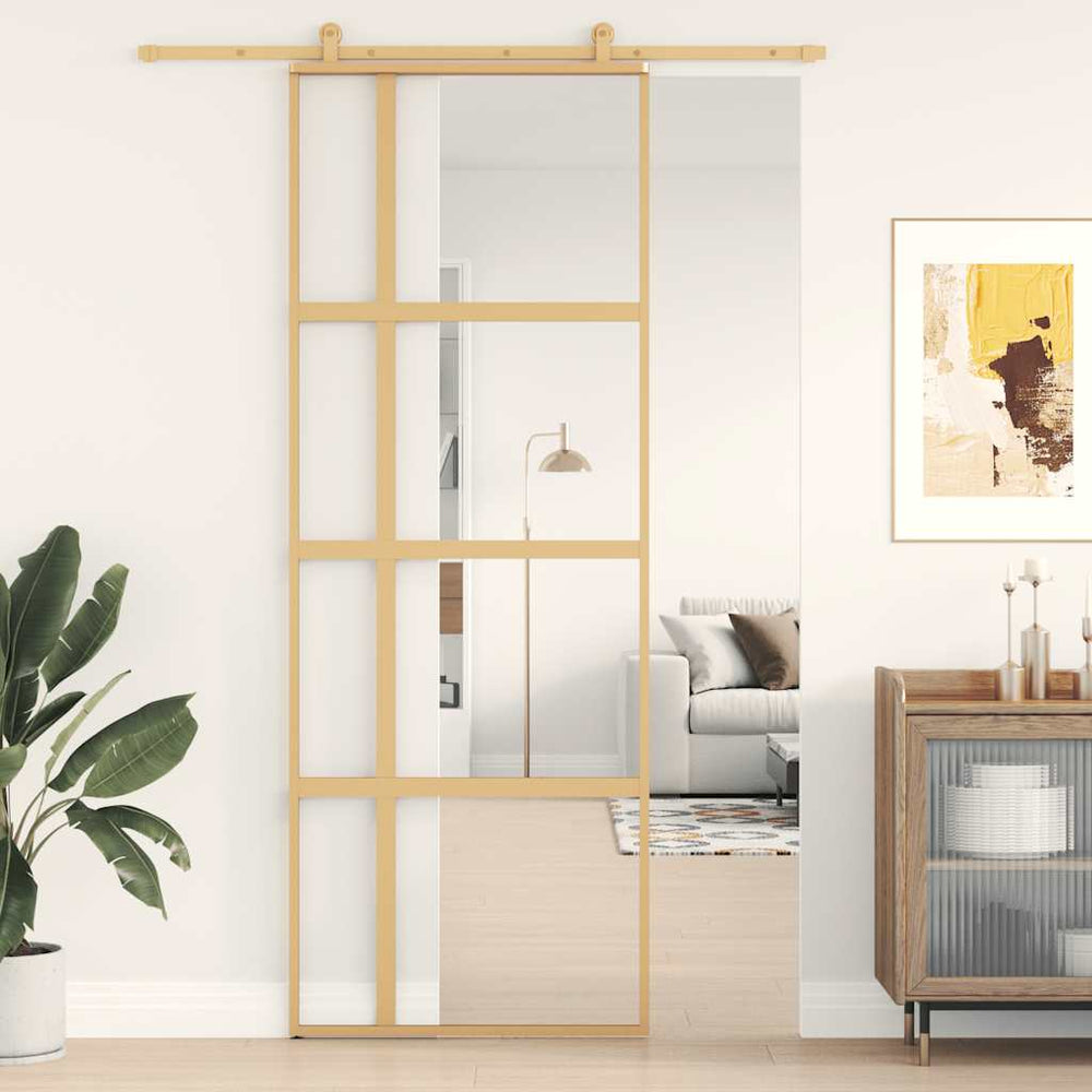 vidaXL Sliding Door Golden 76x205 cm Tempered Clear Glass and Aluminum
