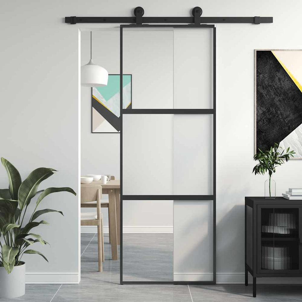 vidaXL Sliding Door Black 76x205 cm Tempered Glass and Aluminum