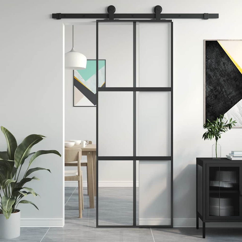 vidaXL Sliding Door Black 76x205 cm Tempered Glass and Aluminum