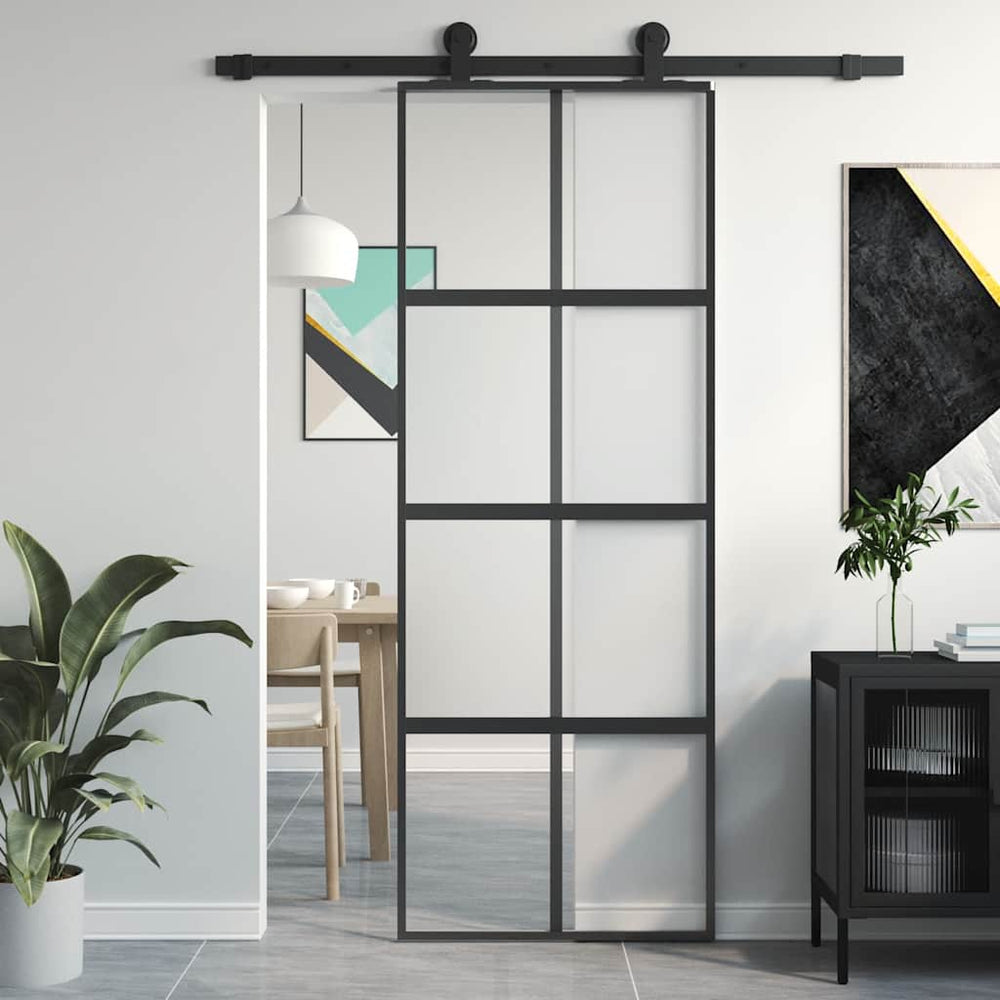 vidaXL Sliding Door Black 76x205 cm Tempered Glass and Aluminum