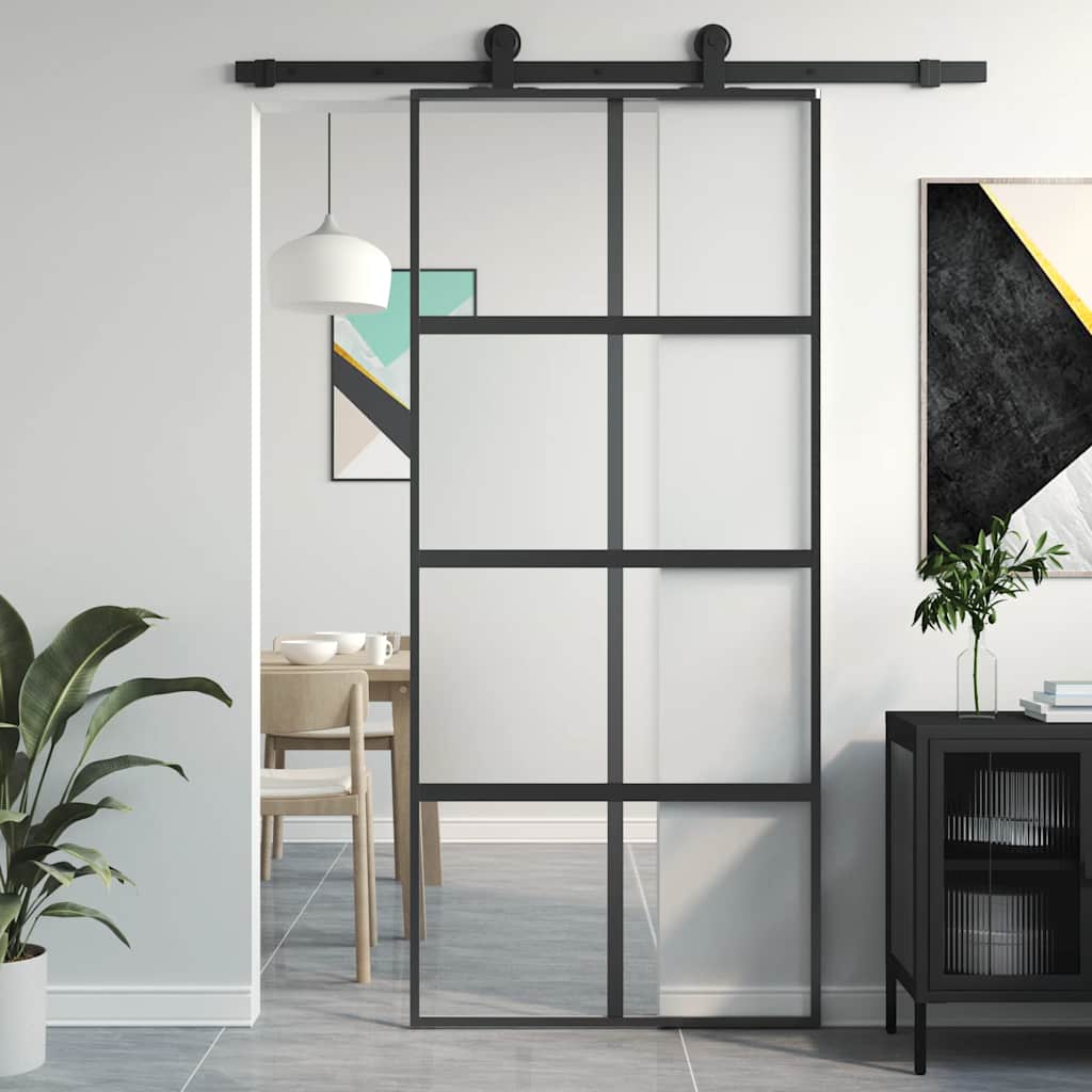 vidaXL Sliding Door Black 90x205 cm Tempered Glass and Aluminum