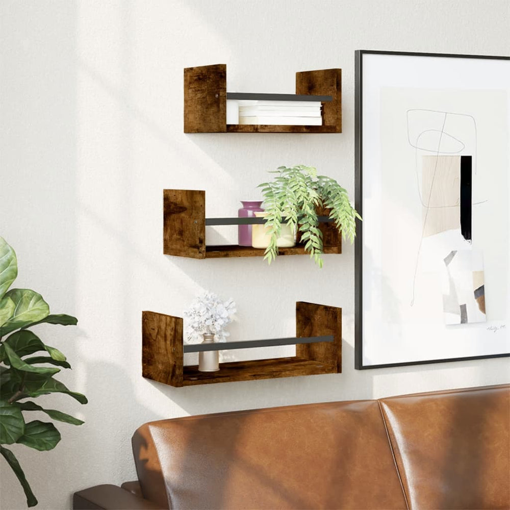 vidaXL 3-Piece Wall Shelf Set with Bars Smoked Oak Engineered Wood