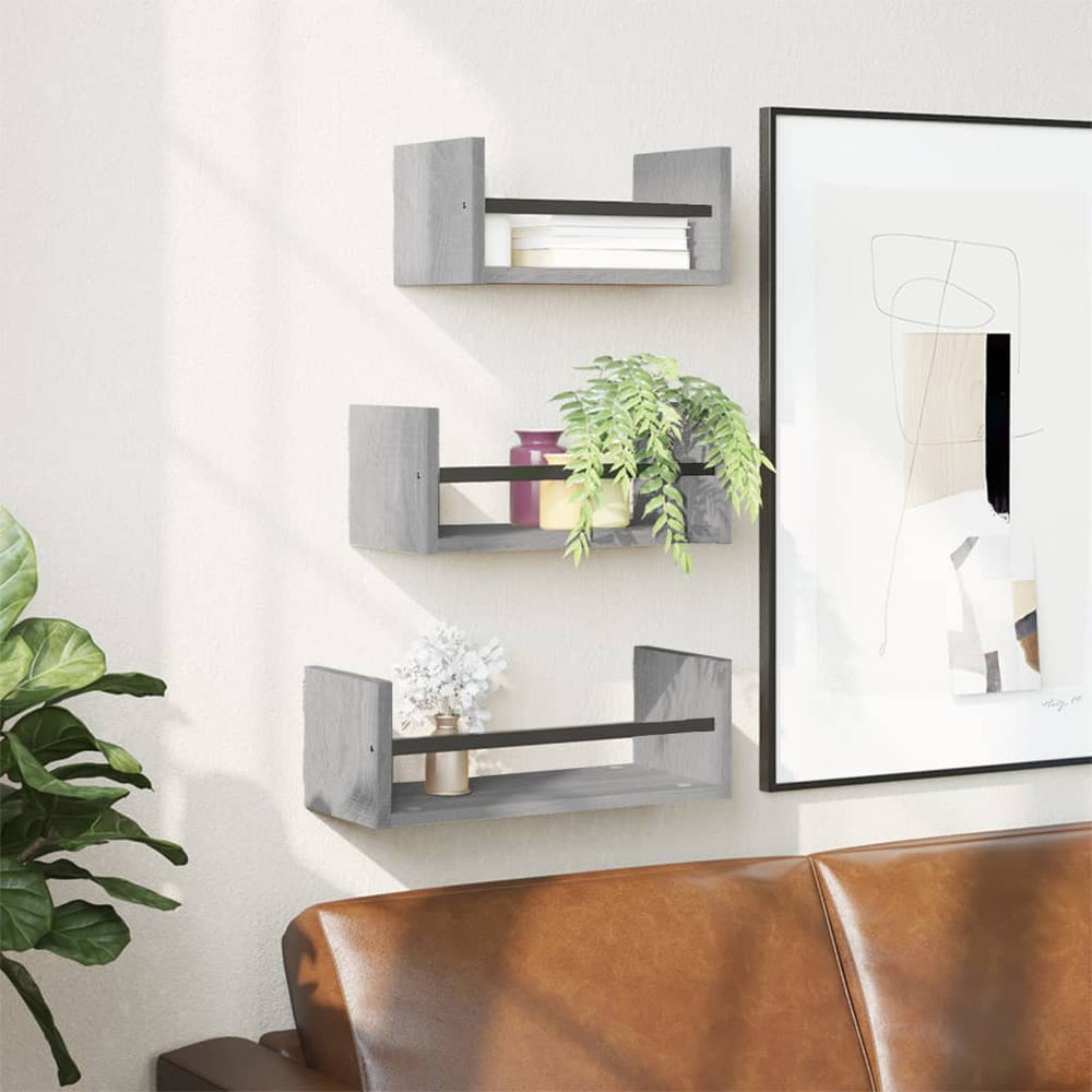 vidaXL 3-Piece Wall Shelf Set with Rods Sonoma Oak Engineered Wood