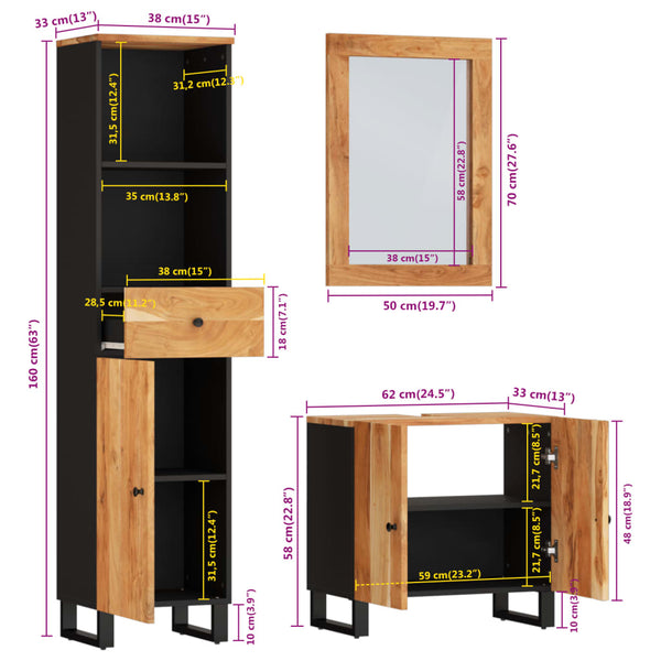 vidaXL 3-Piece Bathroom Furniture Set Solid Acacia Wood