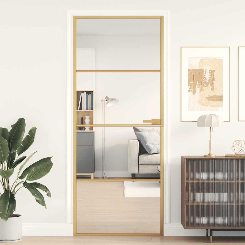 vidaXL Slim Indoor Door Golden 83x201.5 cm Tempered Glass and Aluminum