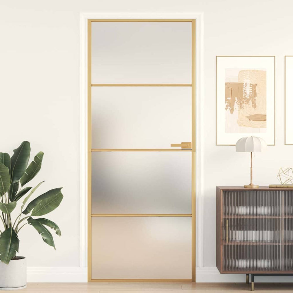vidaXL Slim Indoor Door Golden 83x201.5 cm Tempered Glass and Aluminum
