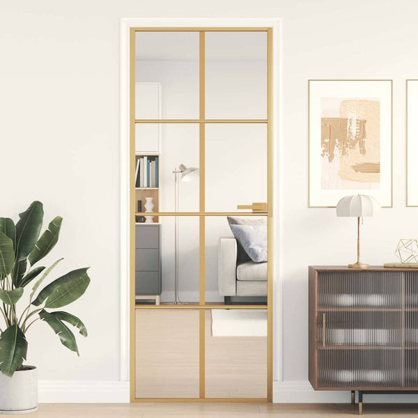 vidaXL Slim Interior Door Golden 76x201.5 cm Tempered Glass and Aluminum