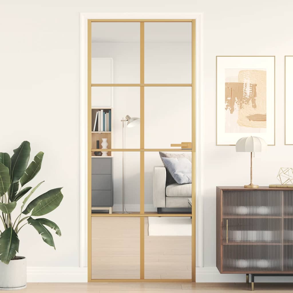 vidaXL Slim Indoor Door Golden 83x201.5 cm Tempered Glass and Aluminum