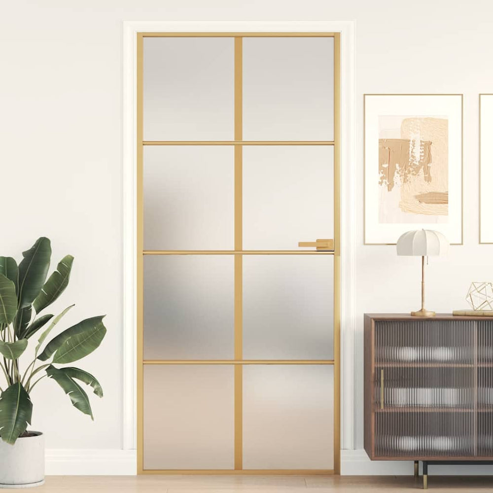 vidaXL Slim Interior Door Golden 93x201.5 cm Tempered Glass and Aluminum